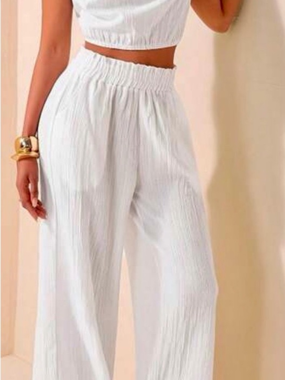 White Wide-Leg Elastic Waist Pants